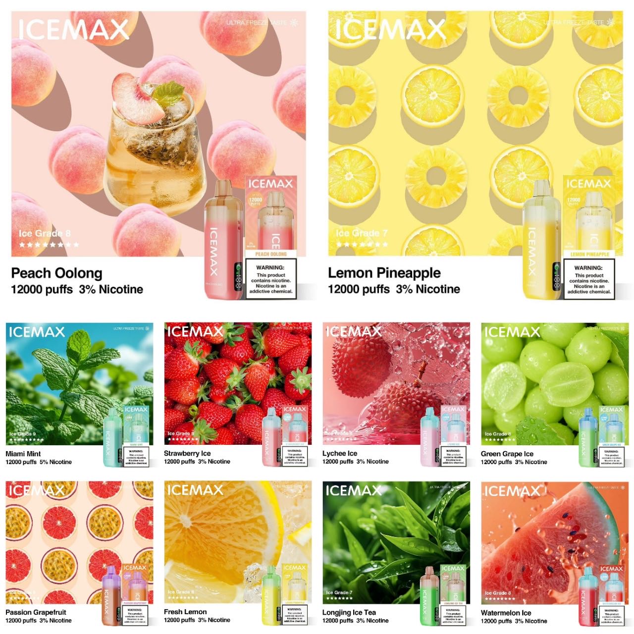 正品冰暴Icemax Ultra Freeze Taste 12000口超冰爽液晶显示屏一次性电子烟-多口味可选